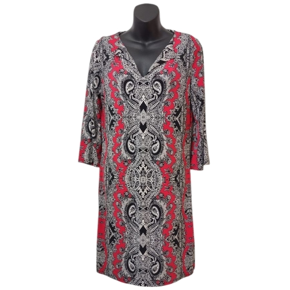 Nichole Miller Dress Womens Red White Black Paisley VNeck 3/4 Sleeve Sheath Sz S